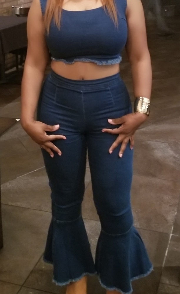 Casual U Neck Dark Blue Denim Two Piece